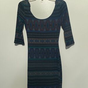 Try ! This Womens Multicolor Aztec Scoop Neck 3/4 Sleeve Bodycon Dress Small NWT